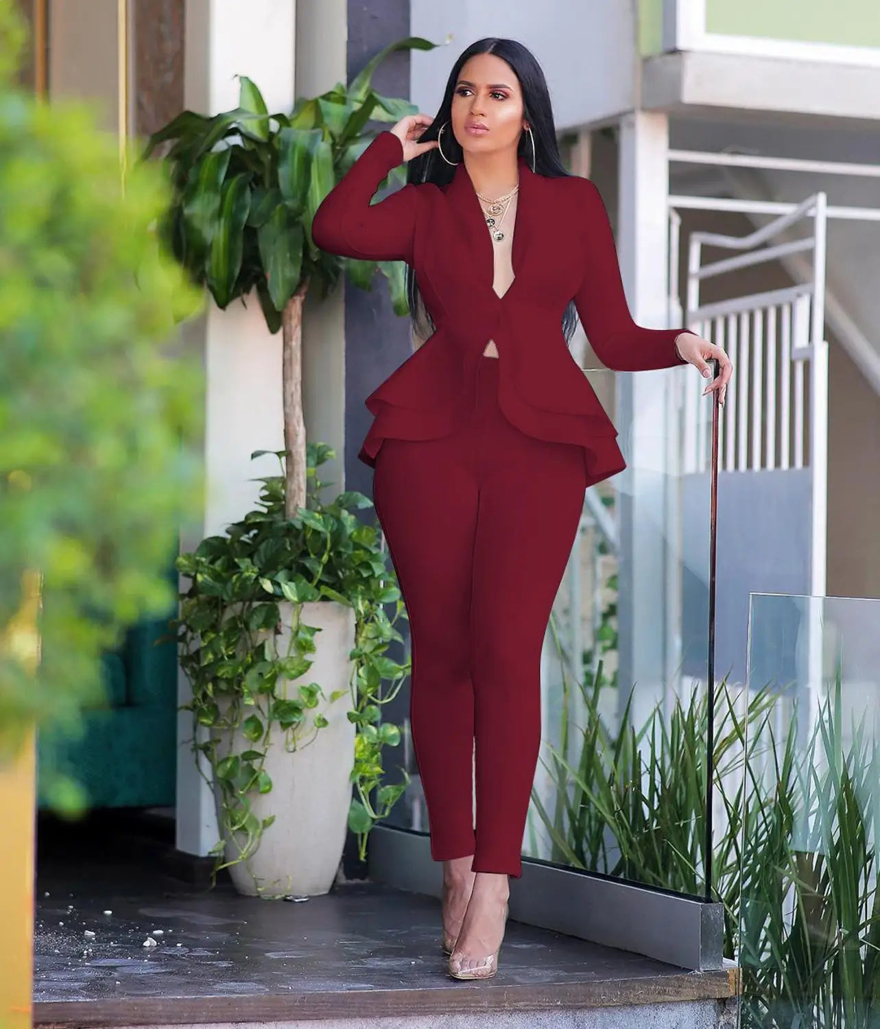 Ruffles Blazers Pants Suit