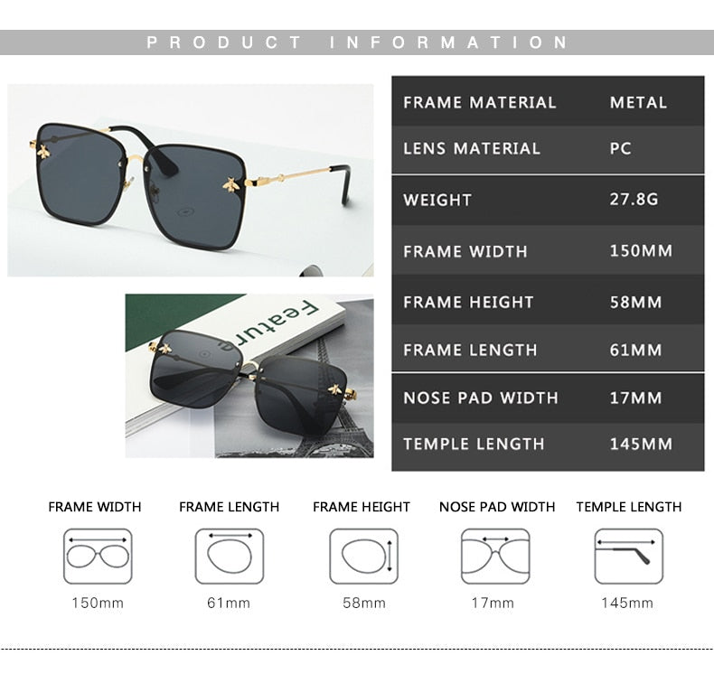 Oversize Rimless Square Bee Gradient Sunglasses - Shop with Ameera