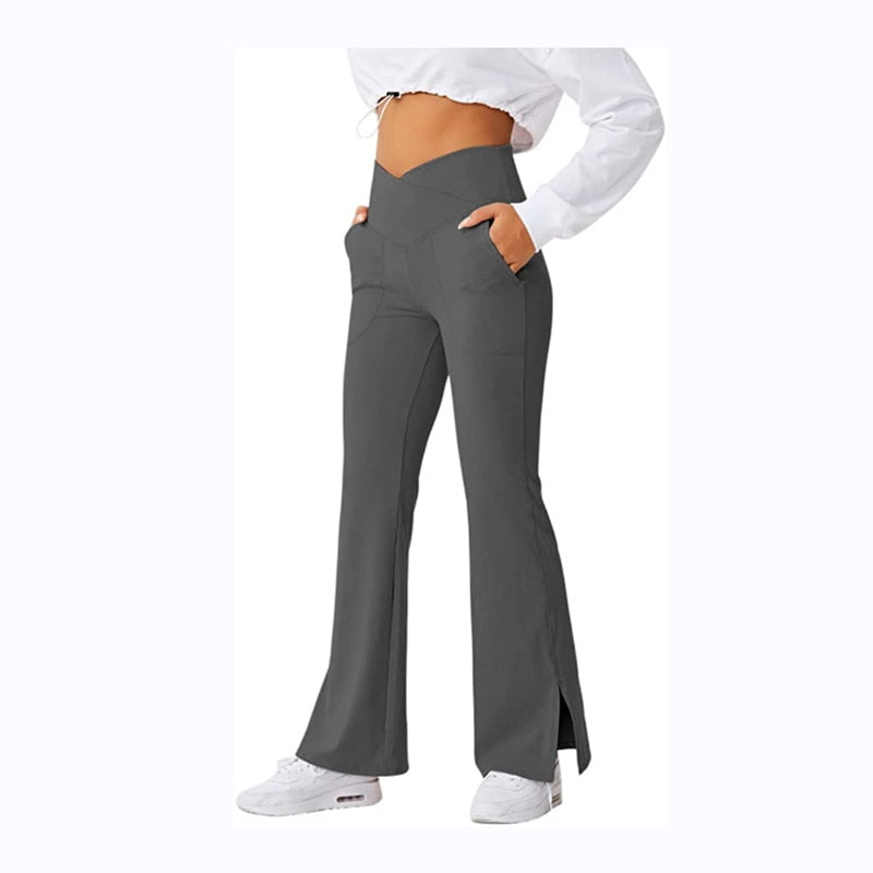 High Waisted Crossover Flare Leggings With Split Hem – Shop with