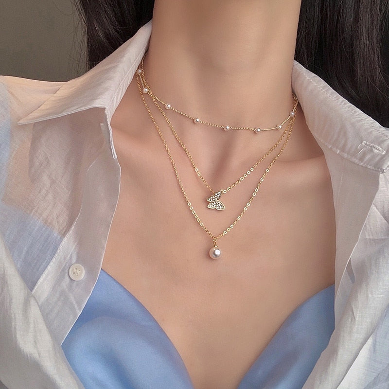 Layered Chain Necklace With Pearl & Butterfly Details - Shop with Ameera