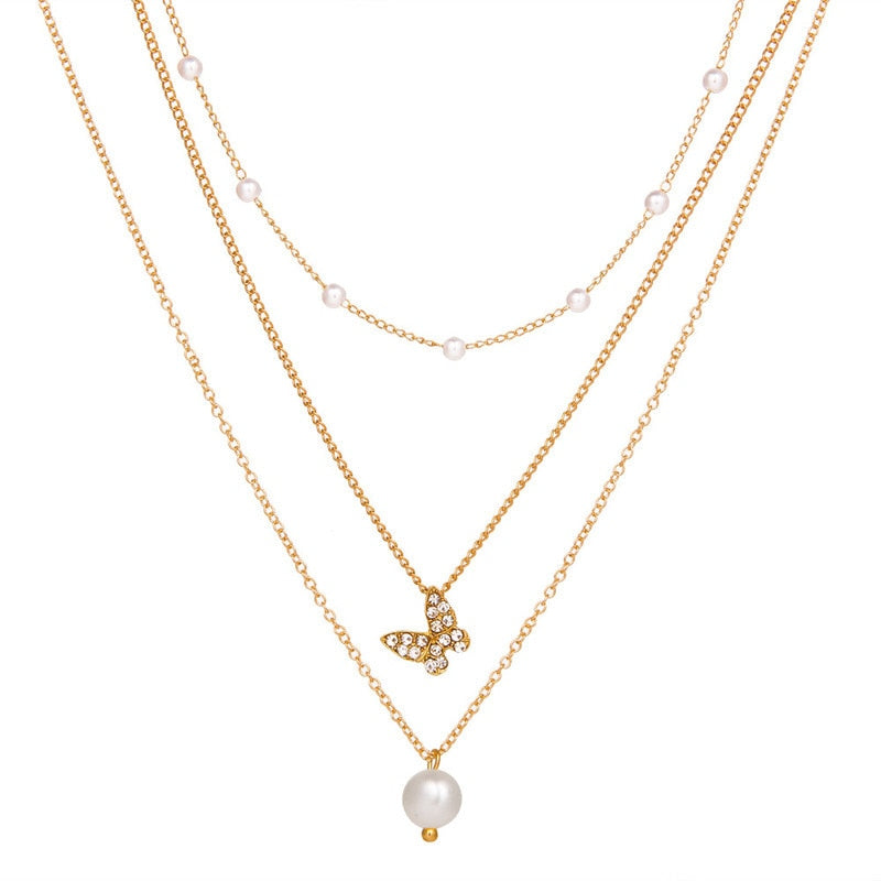 Layered Chain Necklace With Pearl & Butterfly Details - Shop with Ameera