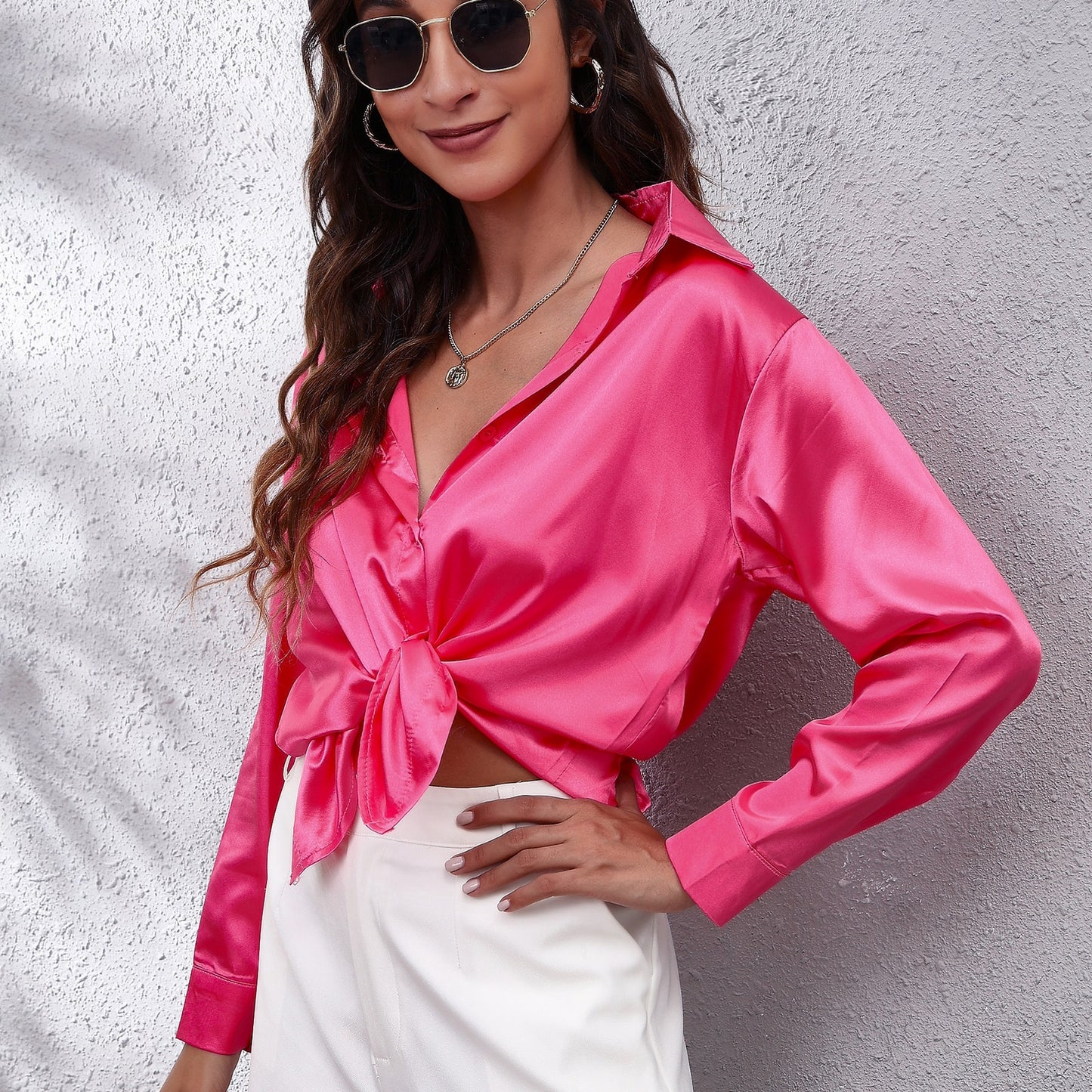 Satin-Effect Long Sleeve Blouse - Shop with Ameera