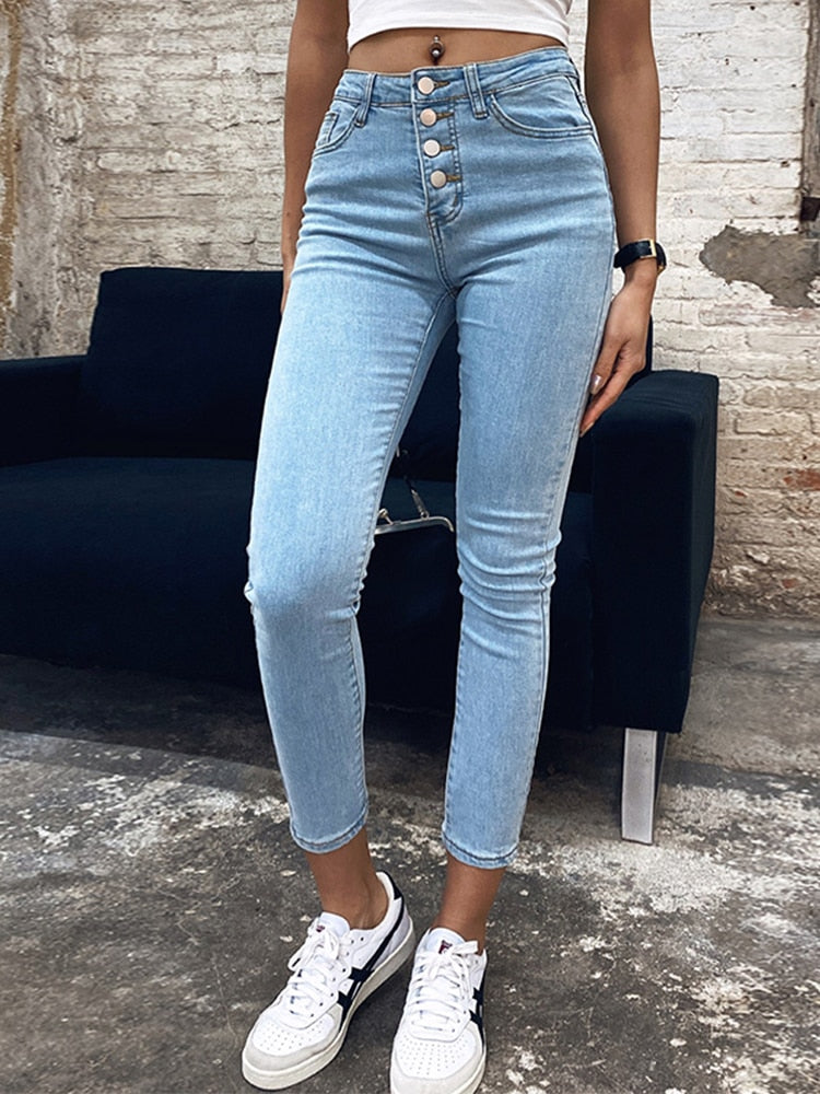 Button-Fly High Waist Stretch Jeans - Shop with Ameera
