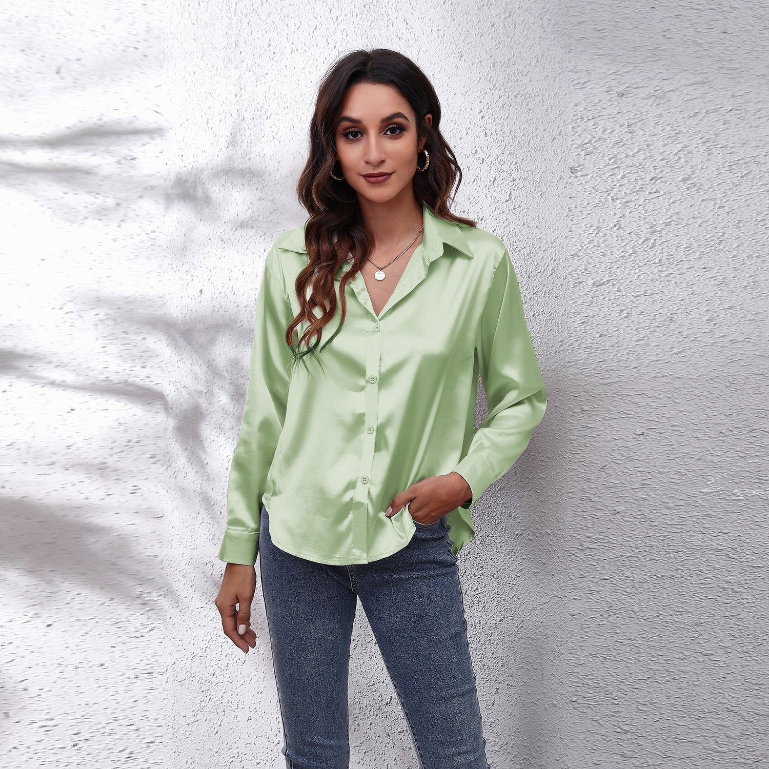Satin-Effect Long Sleeve Blouse - Shop With Ameera